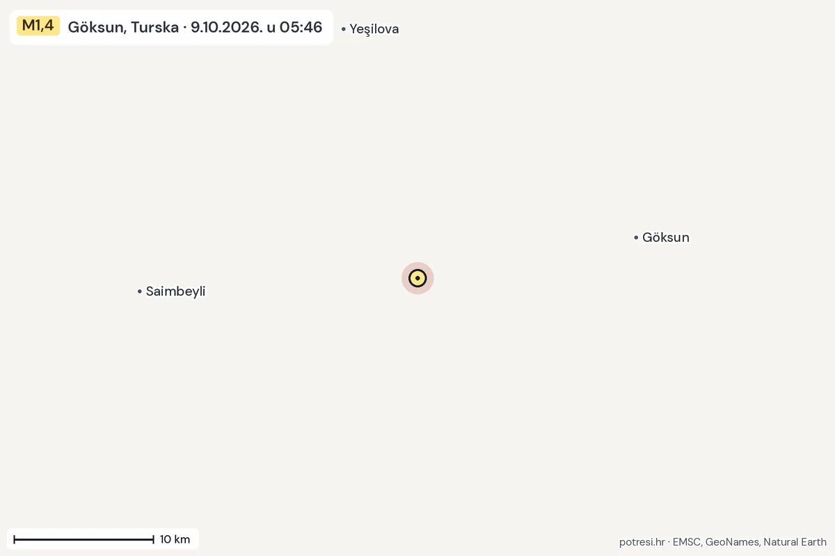 Karta: okolica epicentra, 60 km, potres M1,4, Göksun, Turska, 9.10.2026.