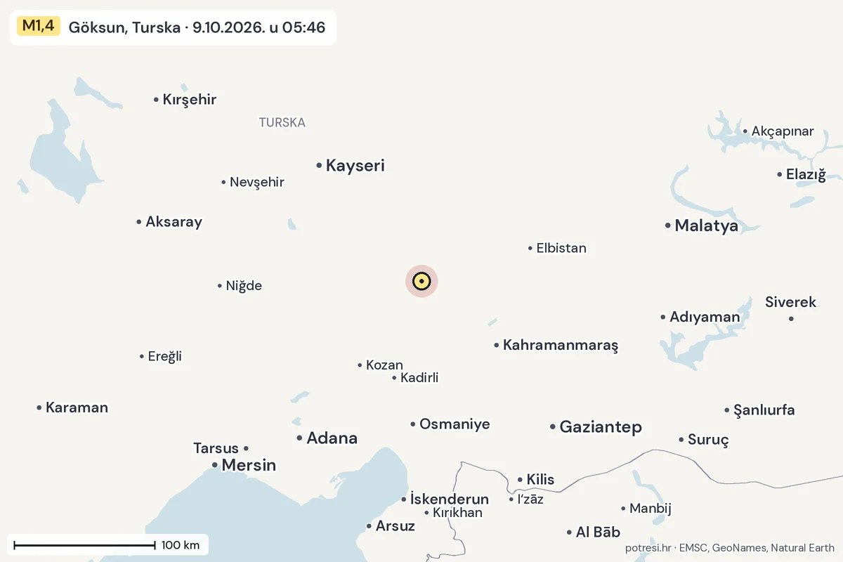 Karta: šire područje, 600 km, potres M1,4, Göksun, Turska, 9.10.2026.