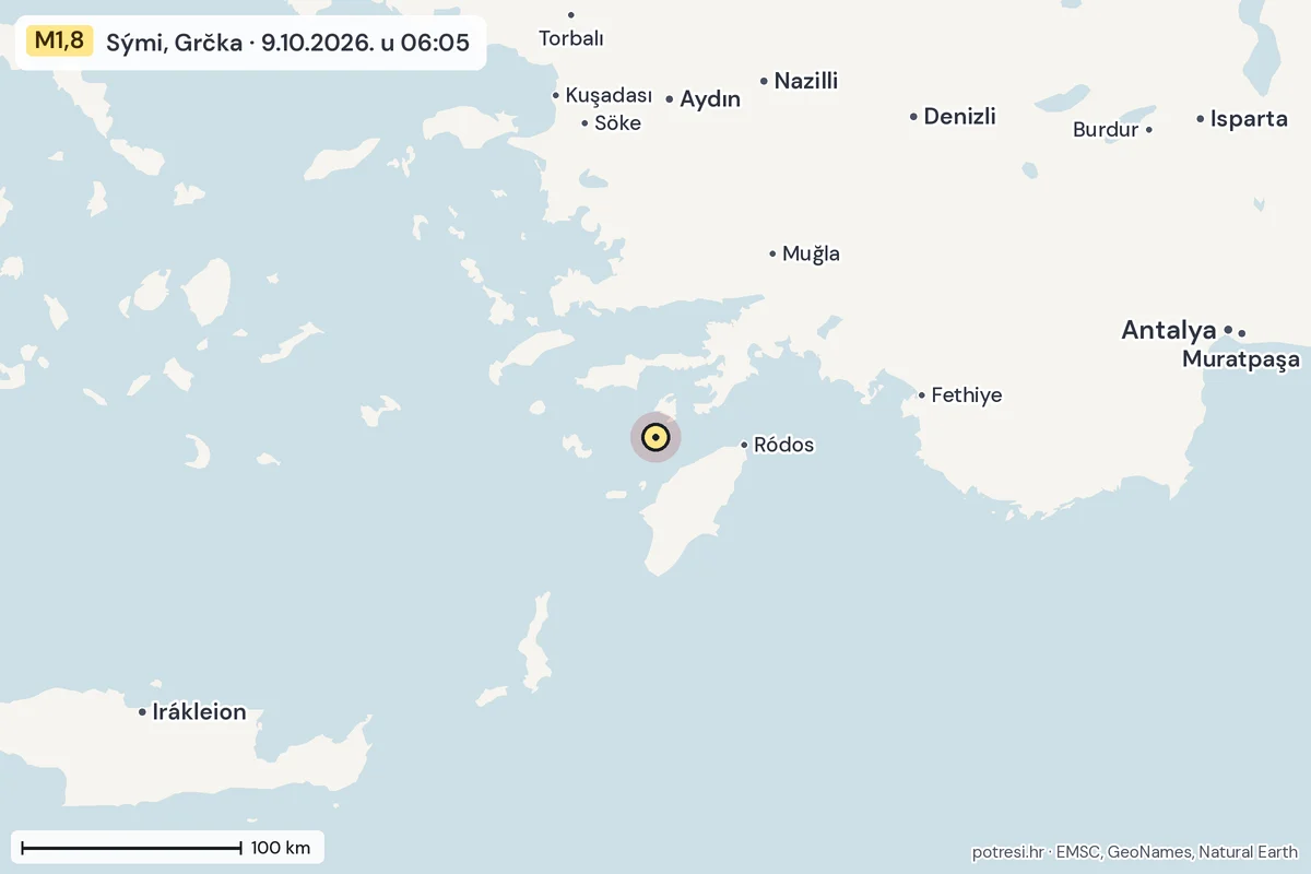 Karta: šire područje, 600 km, potres M1,8, Sými, Grčka, 9.10.2026.