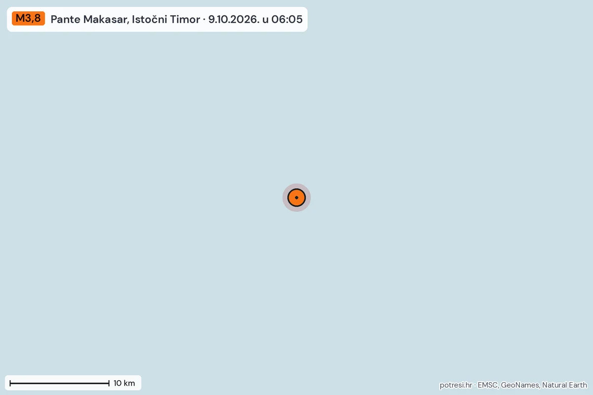 Karta: okolica epicentra, 60 km, potres M3,8, Pante Makasar, Istočni Timor, 9.10.2026.