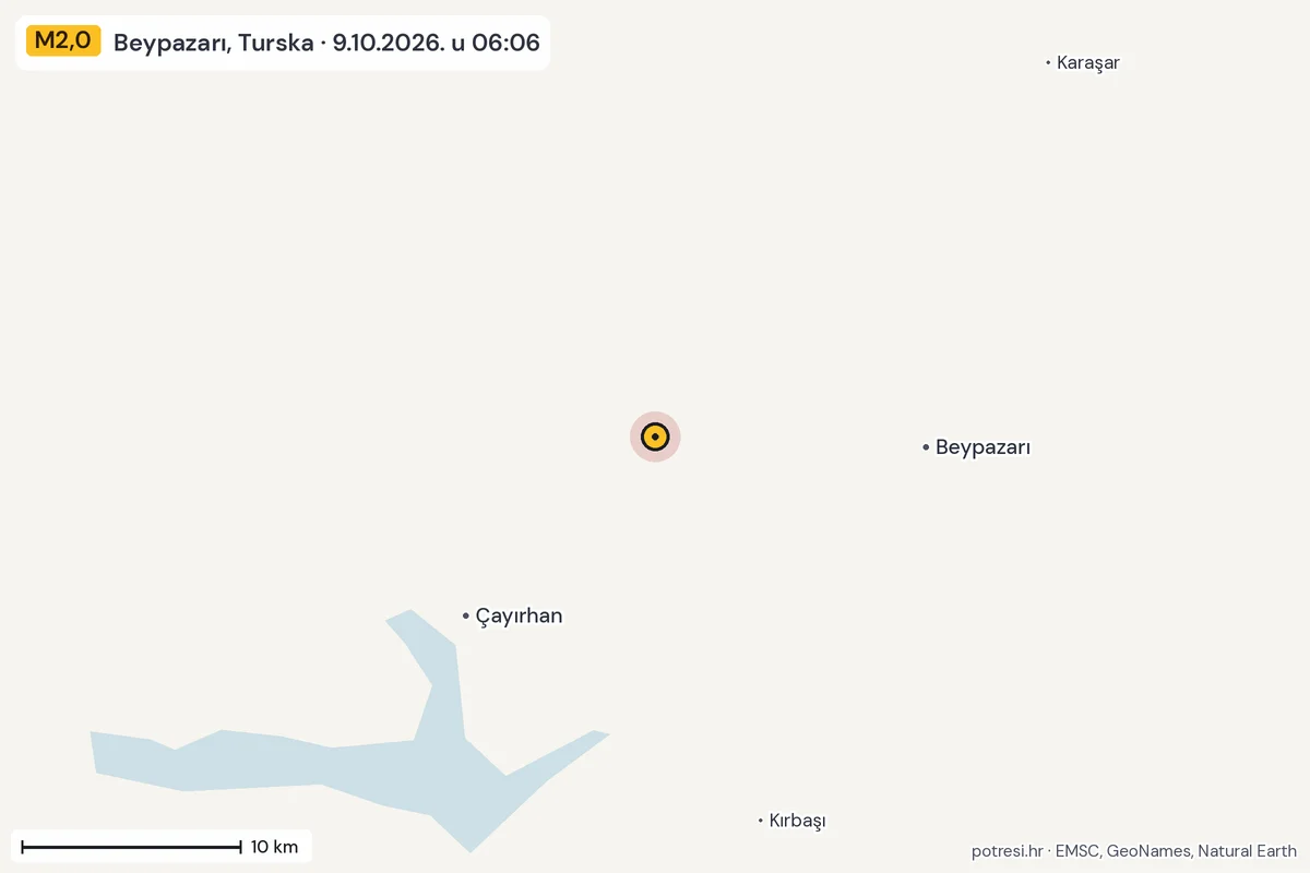 Karta: okolica epicentra, 60 km, potres M2,0, Beypazarı, Turska, 9.10.2026.