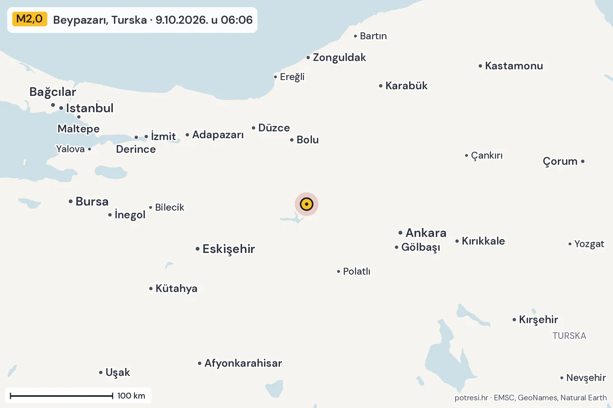 Karta: šire područje, 600 km, potres M2,0, Beypazarı, Turska, 9.10.2026.