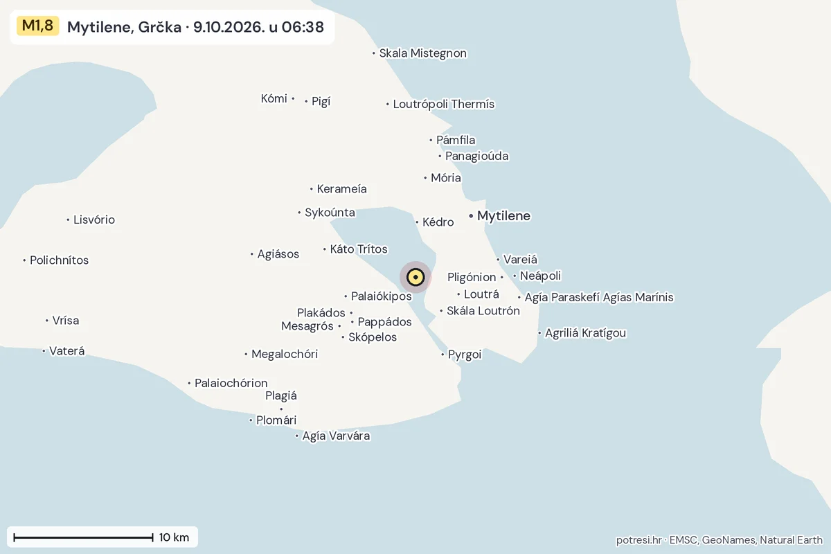 Karta: okolica epicentra, 60 km, potres M1,8, Mytilene, Grčka, 9.10.2026.