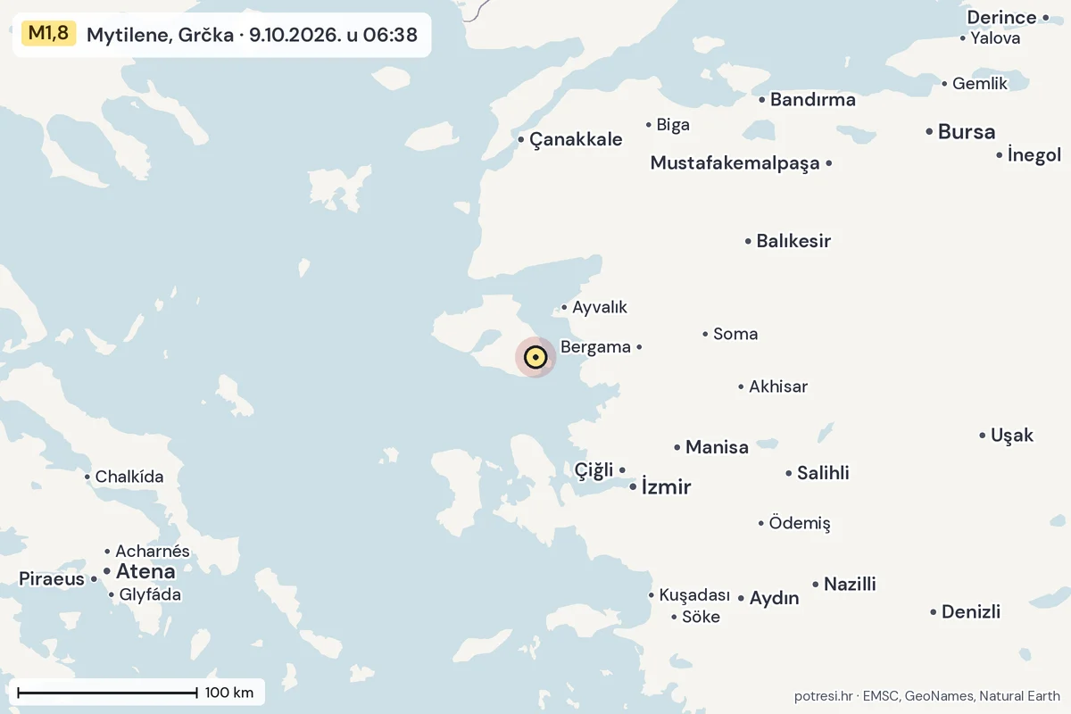 Karta: šire područje, 600 km, potres M1,8, Mytilene, Grčka, 9.10.2026.
