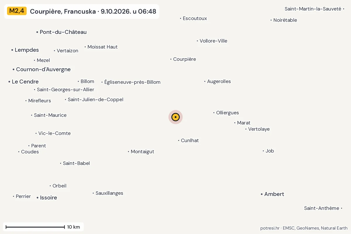Karta: okolica epicentra, 60 km, potres M2,4, Courpière, Francuska, 9.10.2026.