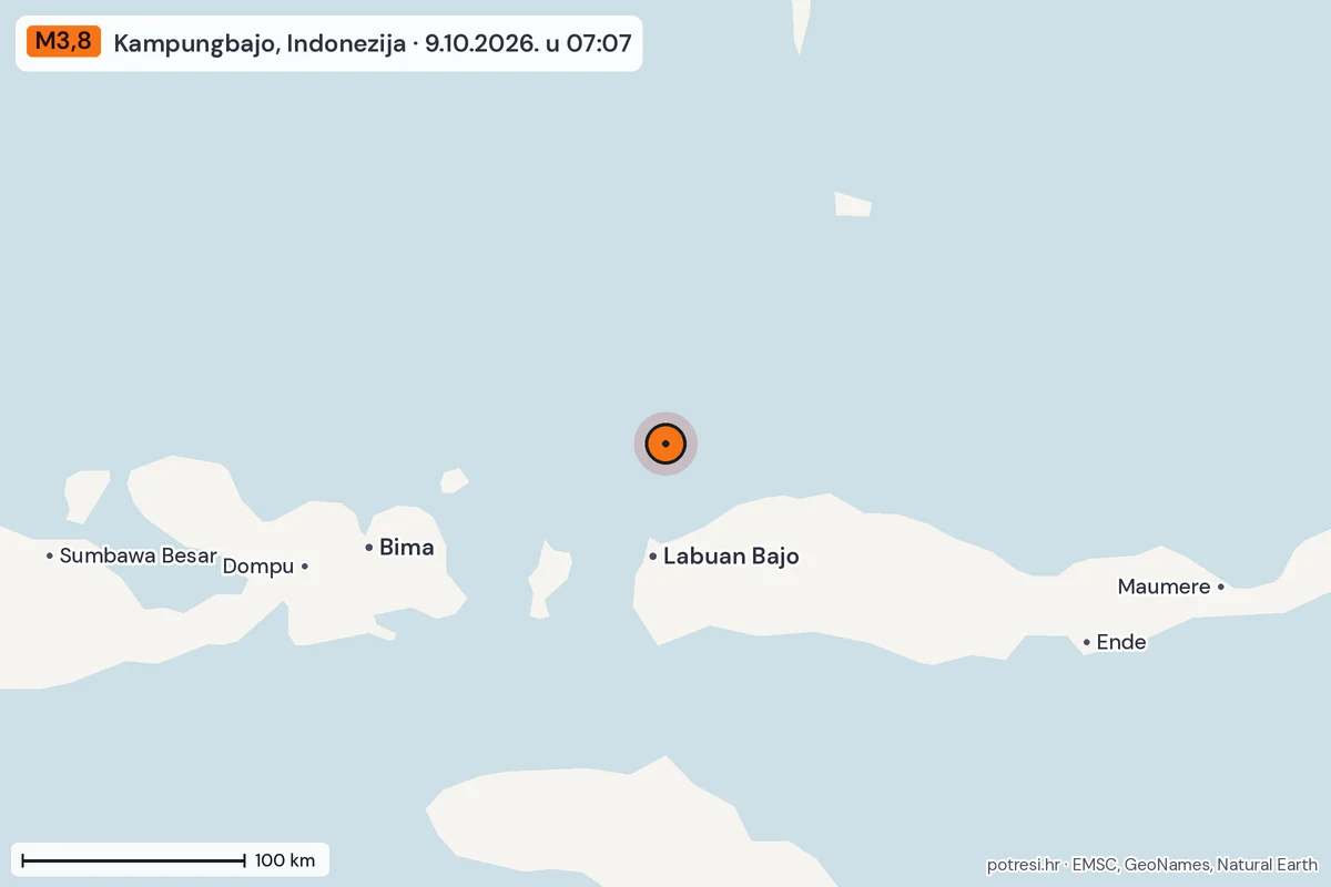 Karta: šire područje, 600 km, potres M3,8, Kampungbajo, Indonezija, 9.10.2026.