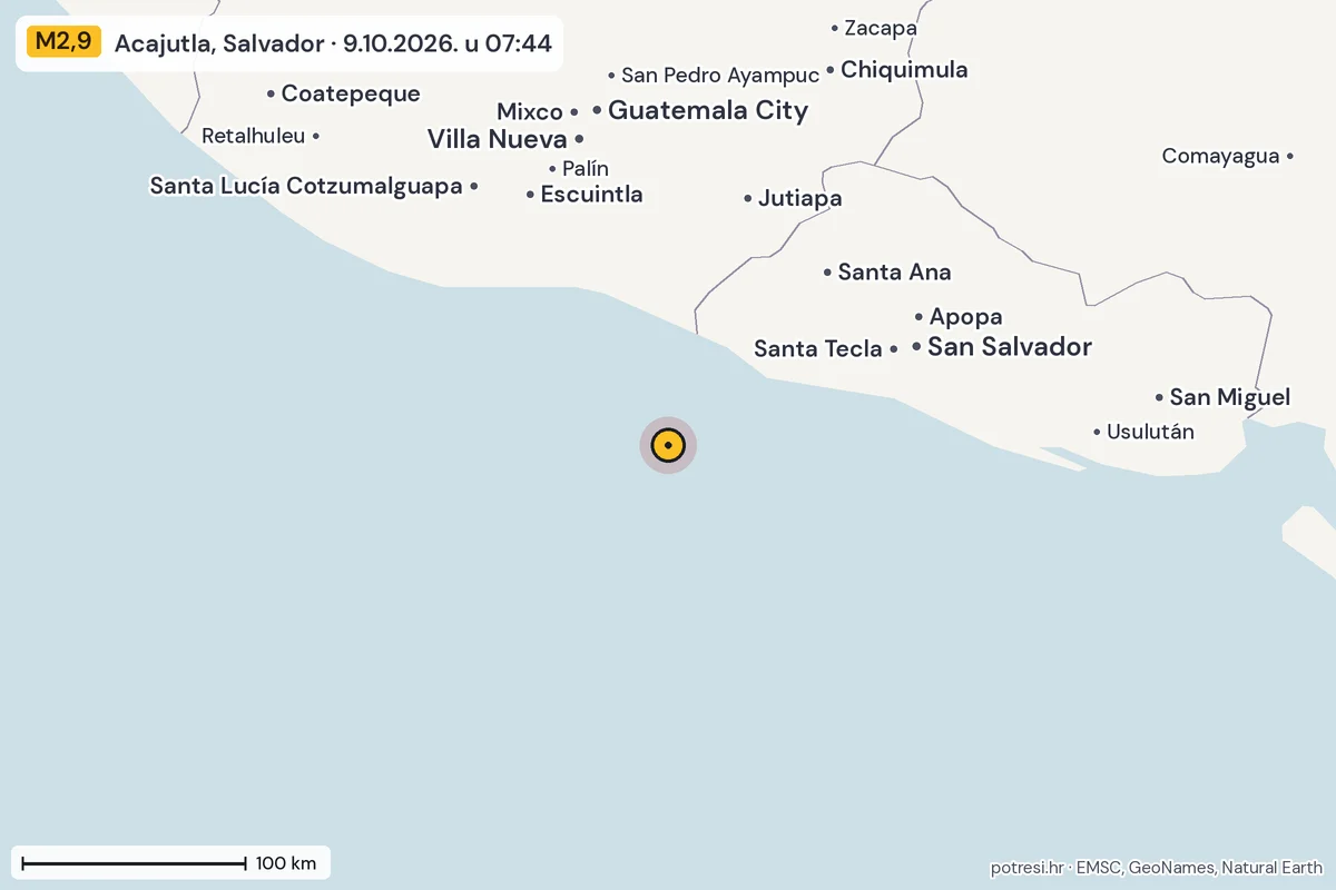 Karta: šire područje, 600 km, potres M2,9, Acajutla, Salvador, 9.10.2026.