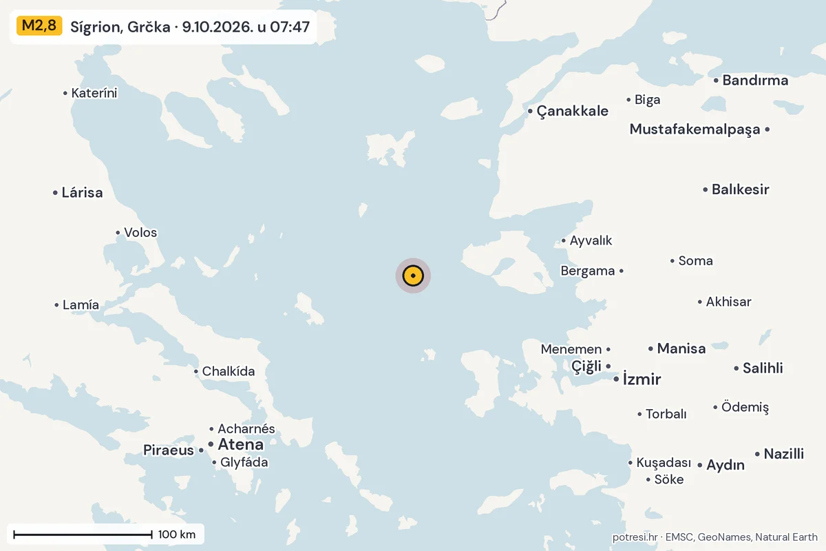 Karta: šire područje, 600 km, potres M2,8, Sígrion, Grčka, 9.10.2026.