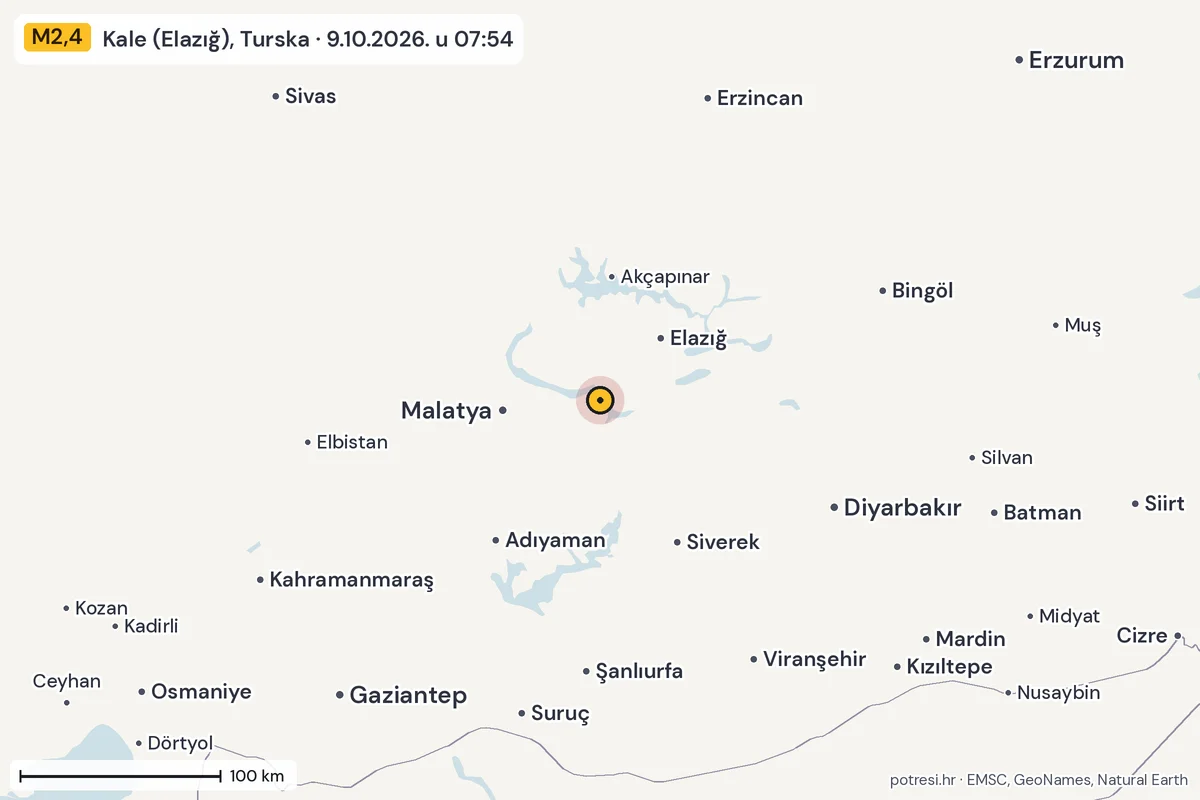 Karta: šire područje, 600 km, potres M2,4, Kale (Elazığ), Turska, 9.10.2026.