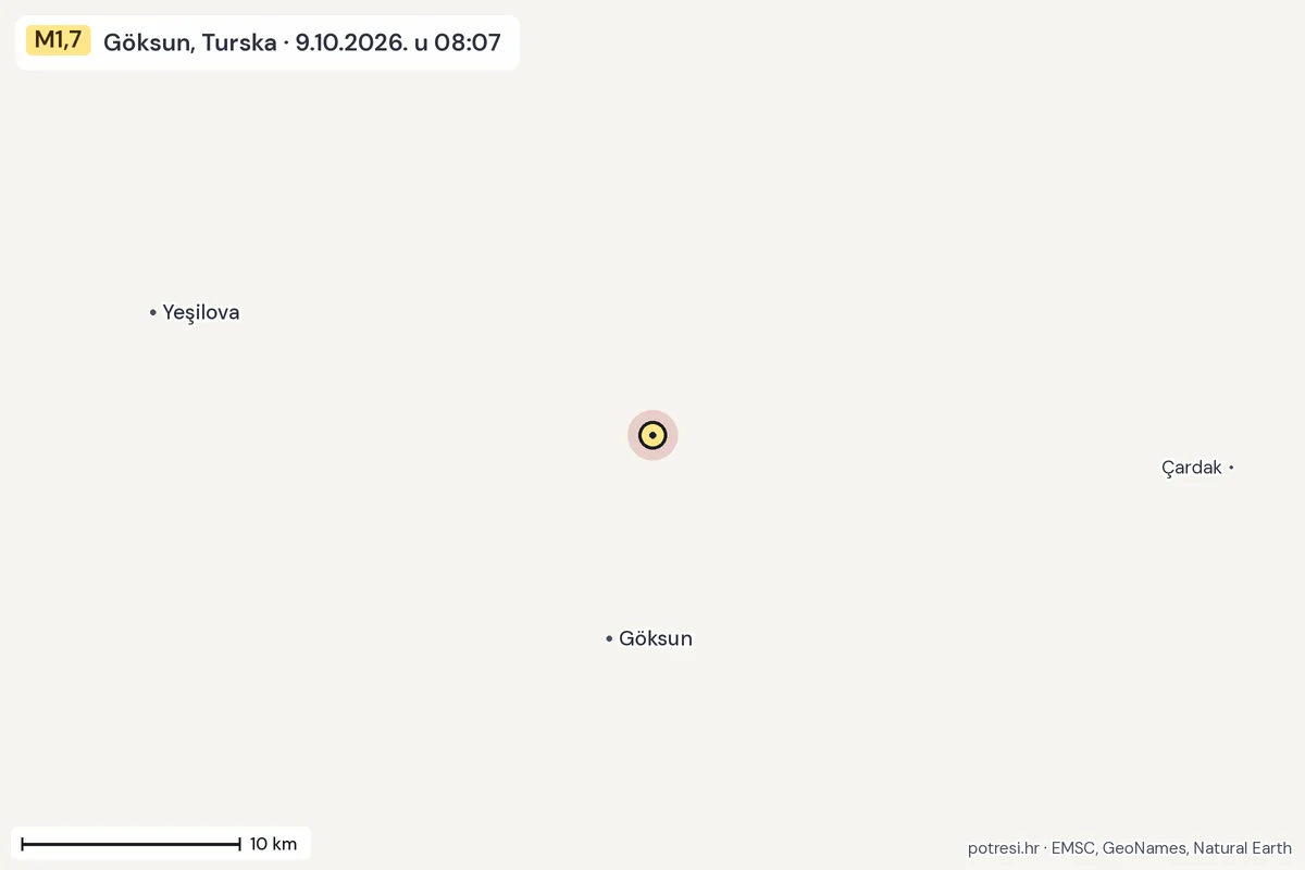 Karta: okolica epicentra, 60 km, potres M1,7, Göksun, Turska, 9.10.2026.