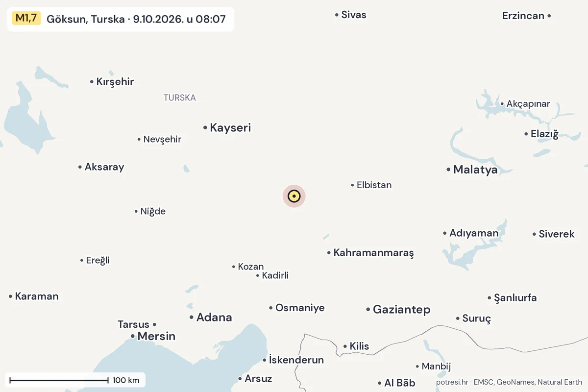 Karta: šire područje, 600 km, potres M1,7, Göksun, Turska, 9.10.2026.