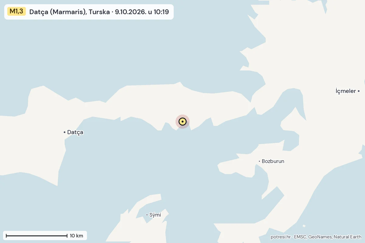 Karta: okolica epicentra, 60 km, potres M1,3, Datça (Marmaris), Turska, 9.10.2026.