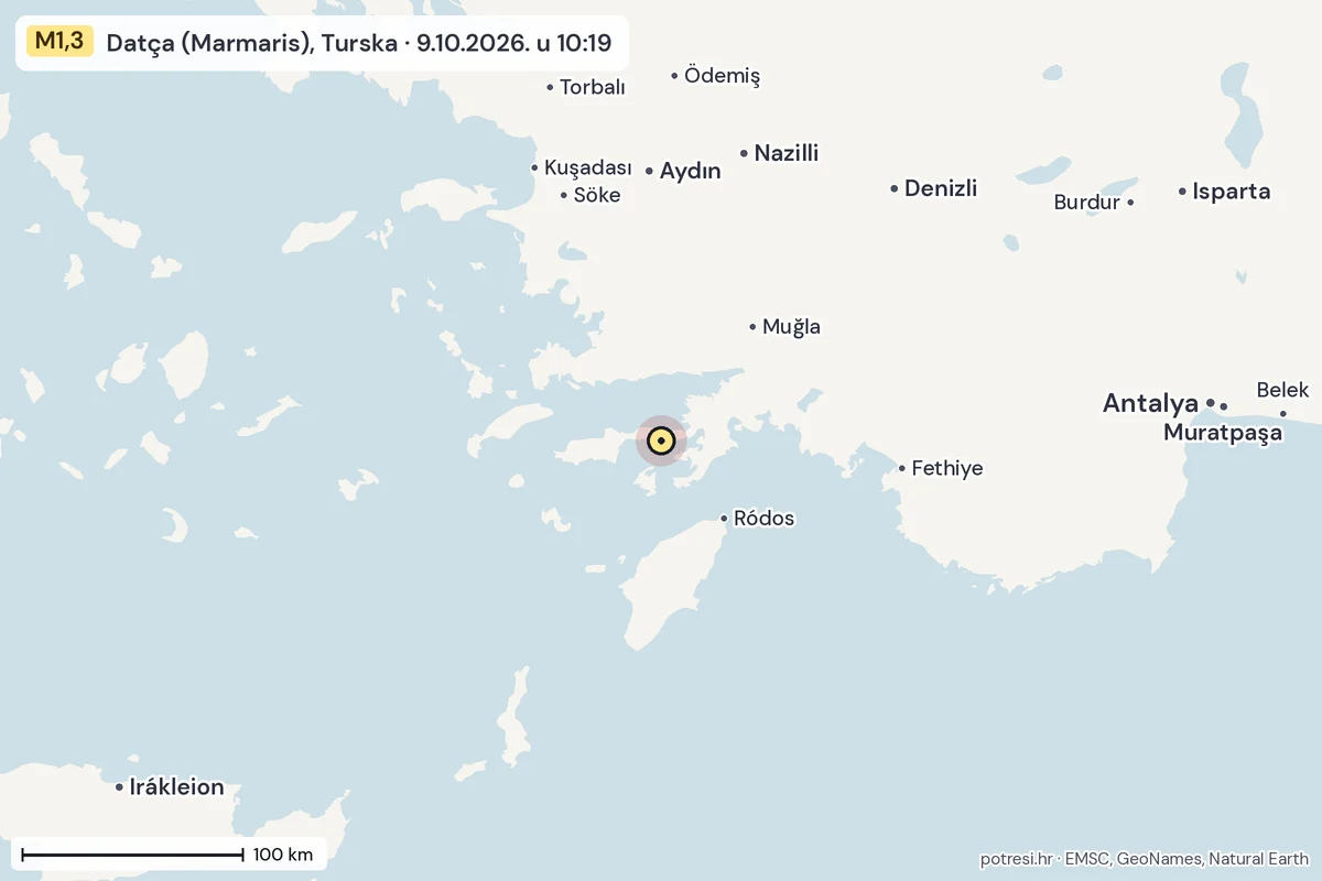 Karta: šire područje, 600 km, potres M1,3, Datça (Marmaris), Turska, 9.10.2026.