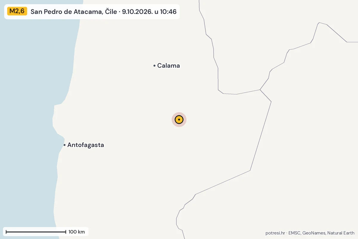 Karta: šire područje, 600 km, potres M2,6, San Pedro de Atacama, Čile, 9.10.2026.