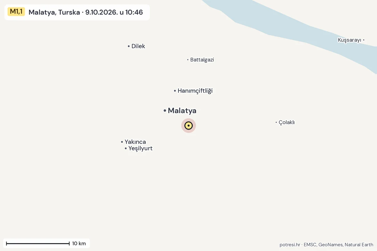 Karta: okolica epicentra, 60 km, potres M1,1, Malatya, Turska, 9.10.2026.