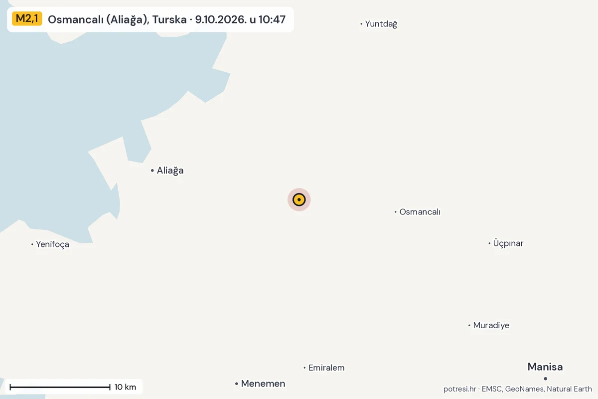 Karta: okolica epicentra, 60 km, potres M2,1, Osmancalı (Aliağa), Turska, 9.10.2026.