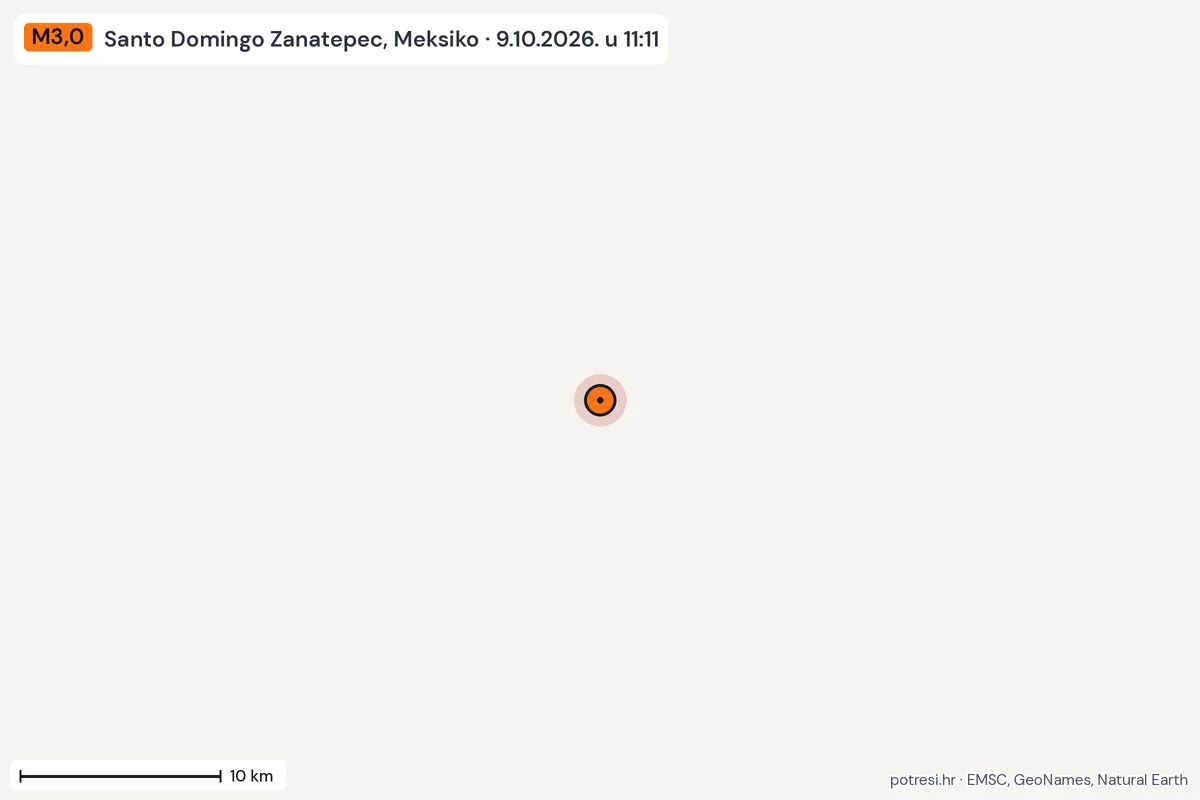 Karta: okolica epicentra, 60 km, potres M3,0, Santo Domingo Zanatepec, Meksiko, 9.10.2026.