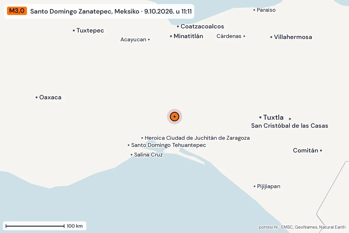 Karta: šire područje, 600 km, potres M3,0, Santo Domingo Zanatepec, Meksiko, 9.10.2026.