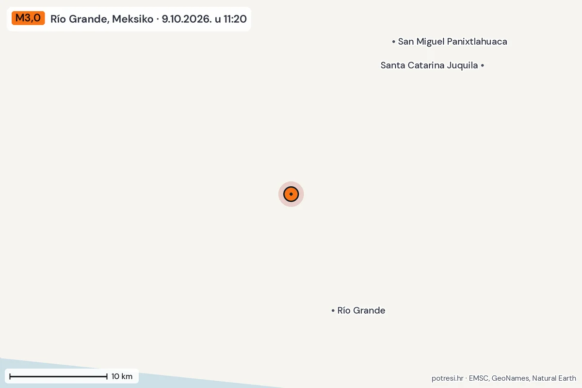 Karta: okolica epicentra, 60 km, potres M3,0, Río Grande, Meksiko, 9.10.2026.