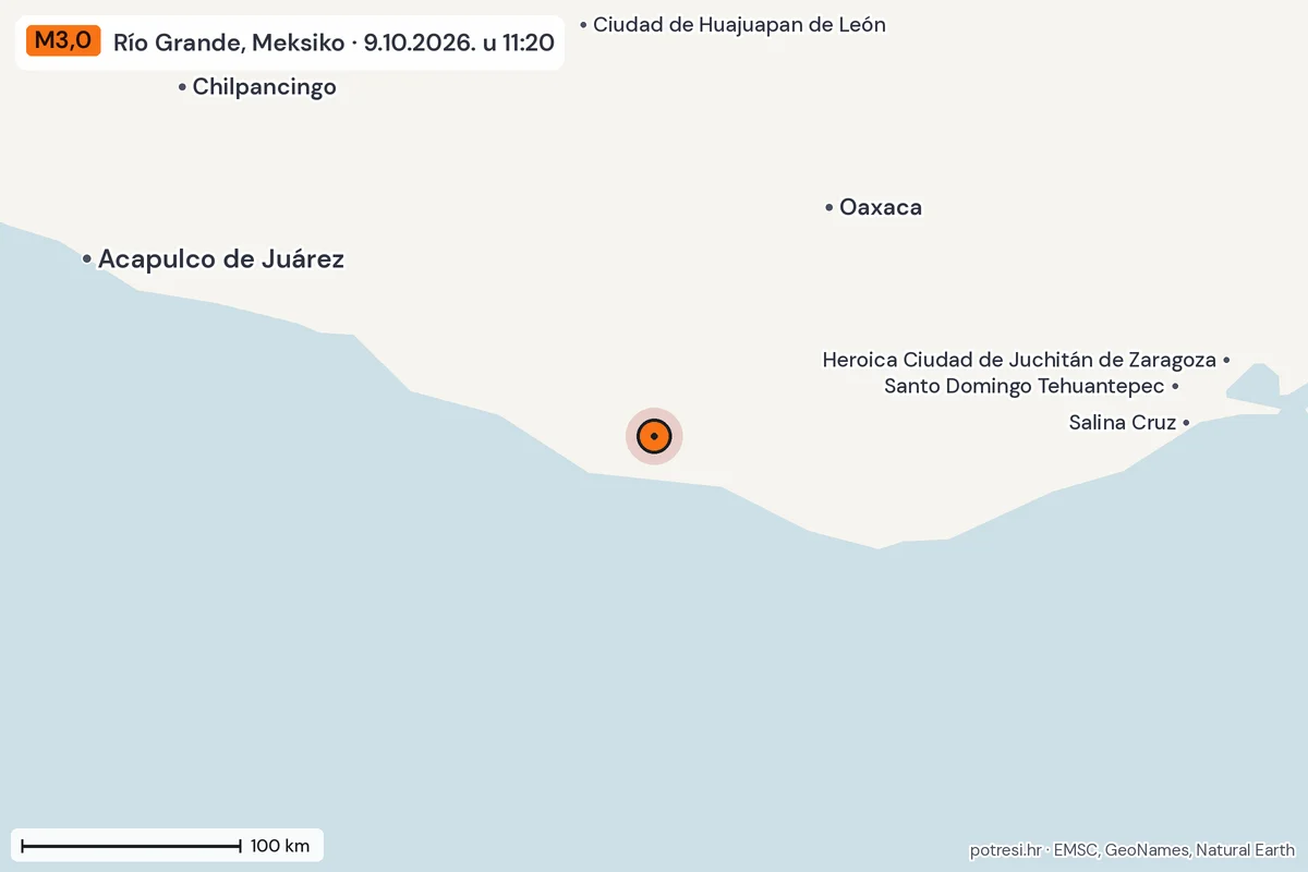 Karta: šire područje, 600 km, potres M3,0, Río Grande, Meksiko, 9.10.2026.
