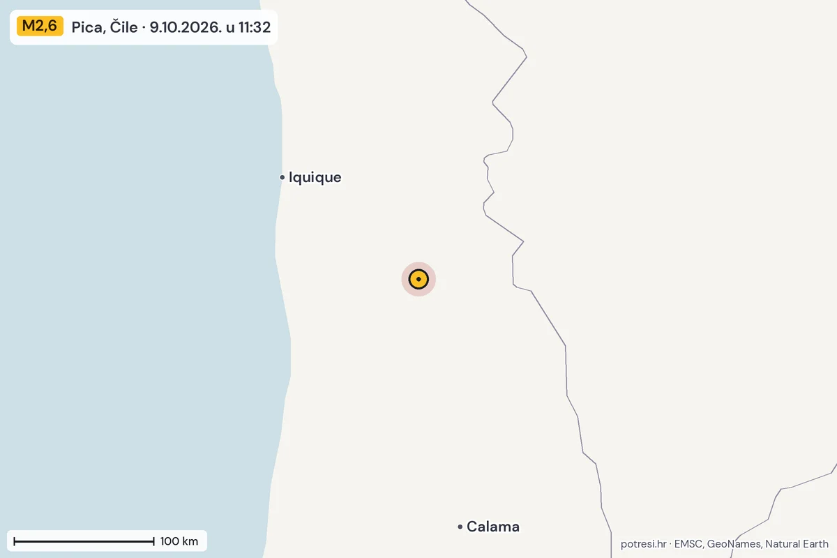 Karta: šire područje, 600 km, potres M2,6, Pica, Čile, 9.10.2026.