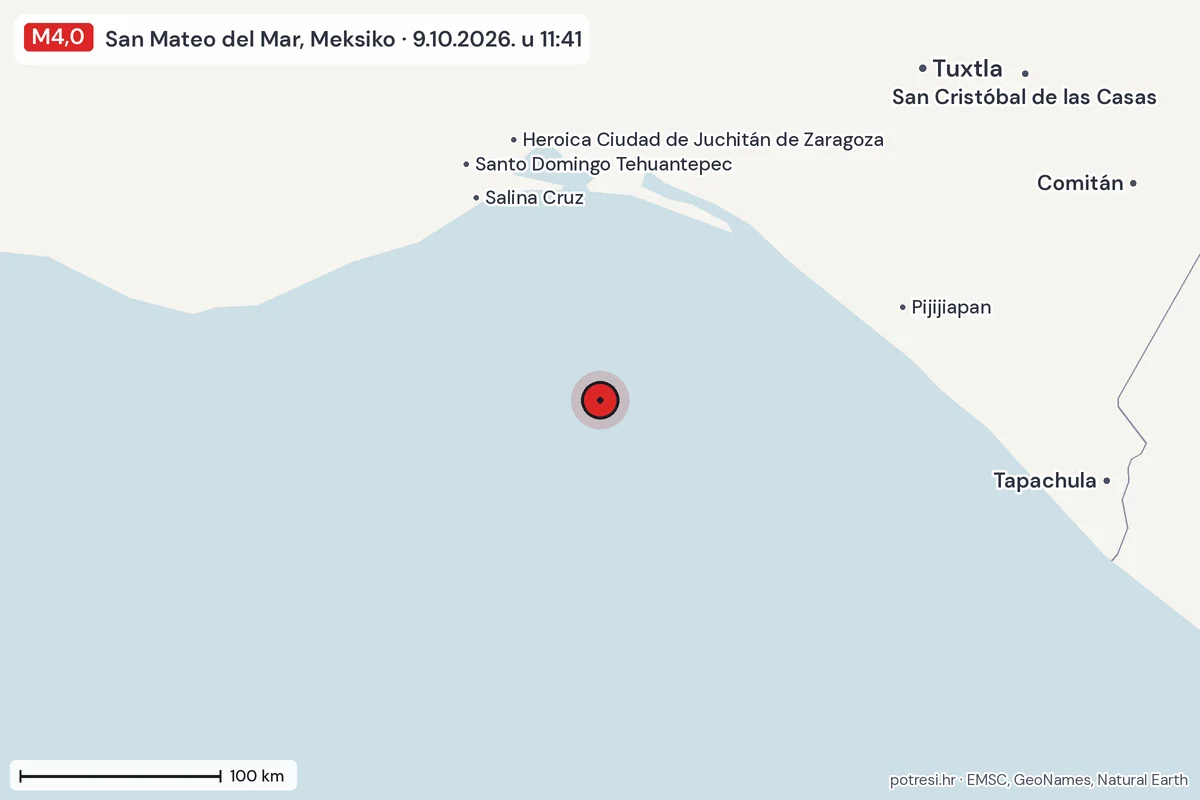 Karta: šire područje, 600 km, potres M4,0, San Mateo del Mar, Meksiko, 9.10.2026.
