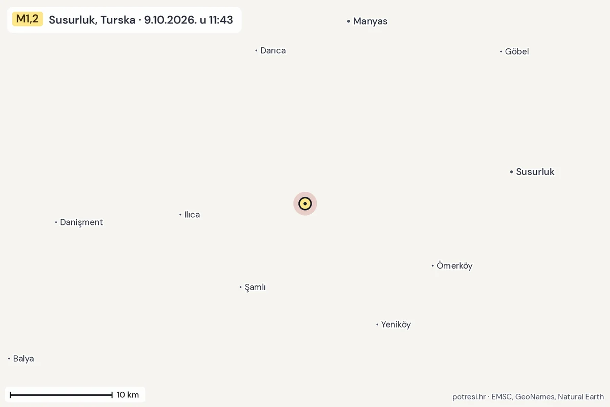 Karta: okolica epicentra, 60 km, potres M1,2, Susurluk, Turska, 9.10.2026.