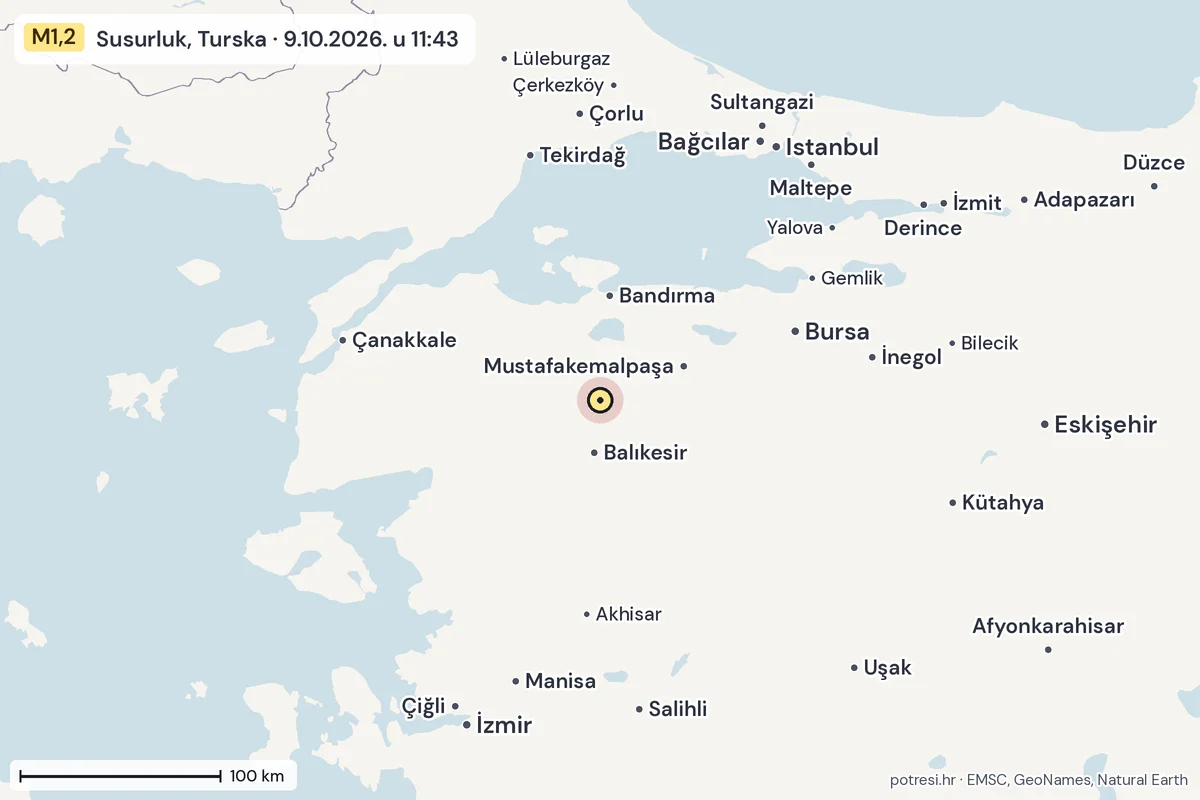Karta: šire područje, 600 km, potres M1,2, Susurluk, Turska, 9.10.2026.