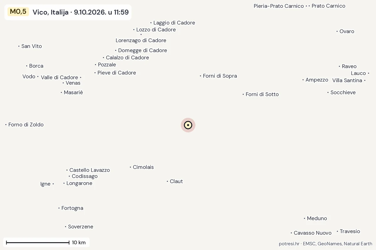 Karta: okolica epicentra, 60 km, potres M0,5, Vico, Italija, 9.10.2026.