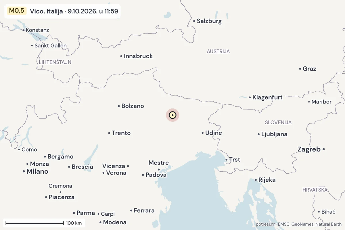 Karta: šire područje, 600 km, potres M0,5, Vico, Italija, 9.10.2026.
