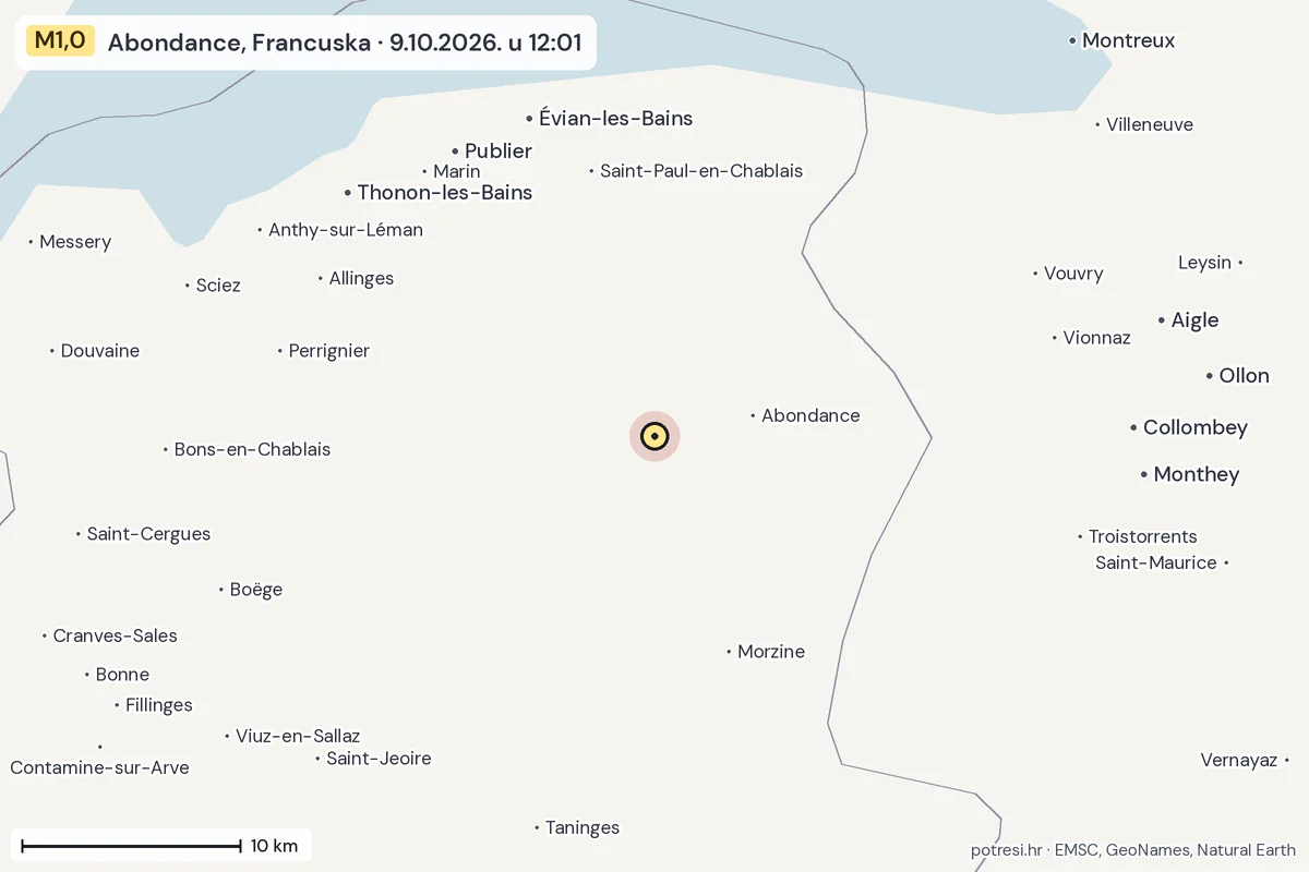 Karta: okolica epicentra, 60 km, potres M1,0, Abondance, Francuska, 9.10.2026.