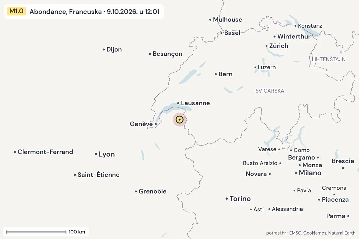 Karta: šire područje, 600 km, potres M1,0, Abondance, Francuska, 9.10.2026.