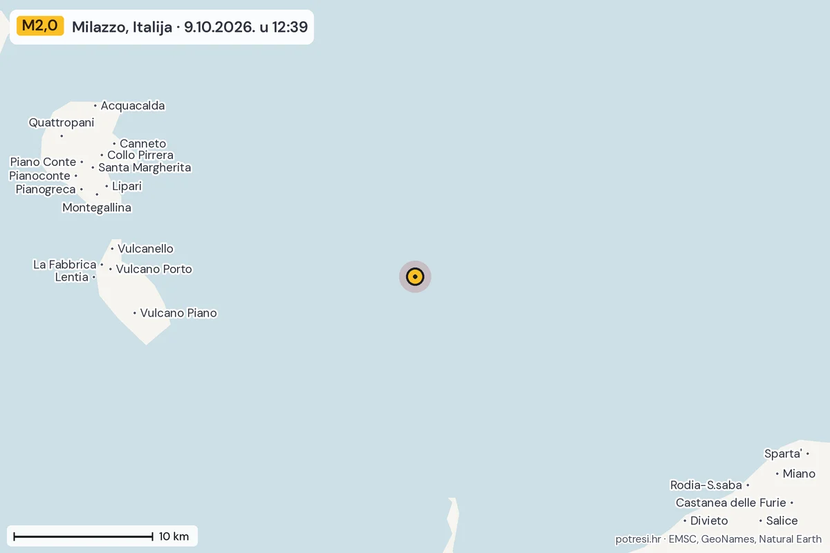 Karta: okolica epicentra, 60 km, potres M2,0, Milazzo, Italija, 9.10.2026.