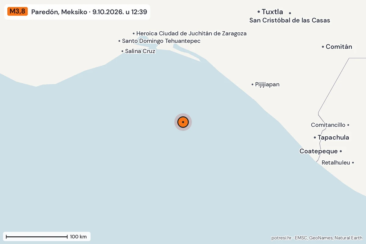 Karta: šire područje, 600 km, potres M3,8, Paredón, Meksiko, 9.10.2026.