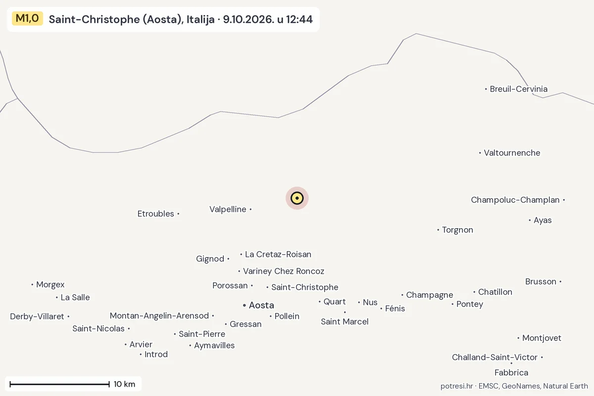 Karta: okolica epicentra, 60 km, potres M1,0, Saint-Christophe (Aosta), Italija, 9.10.2026.