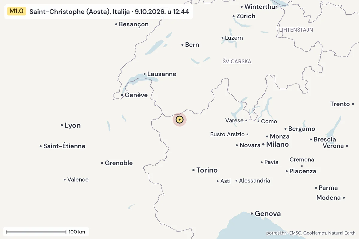 Karta: šire područje, 600 km, potres M1,0, Saint-Christophe (Aosta), Italija, 9.10.2026.