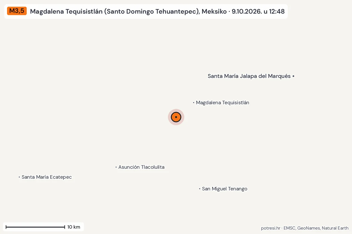 Karta: okolica epicentra, 60 km, potres M3,5, Magdalena Tequisistlán (Santo Domingo Tehuantepec), Meksiko, 9.10.2026.