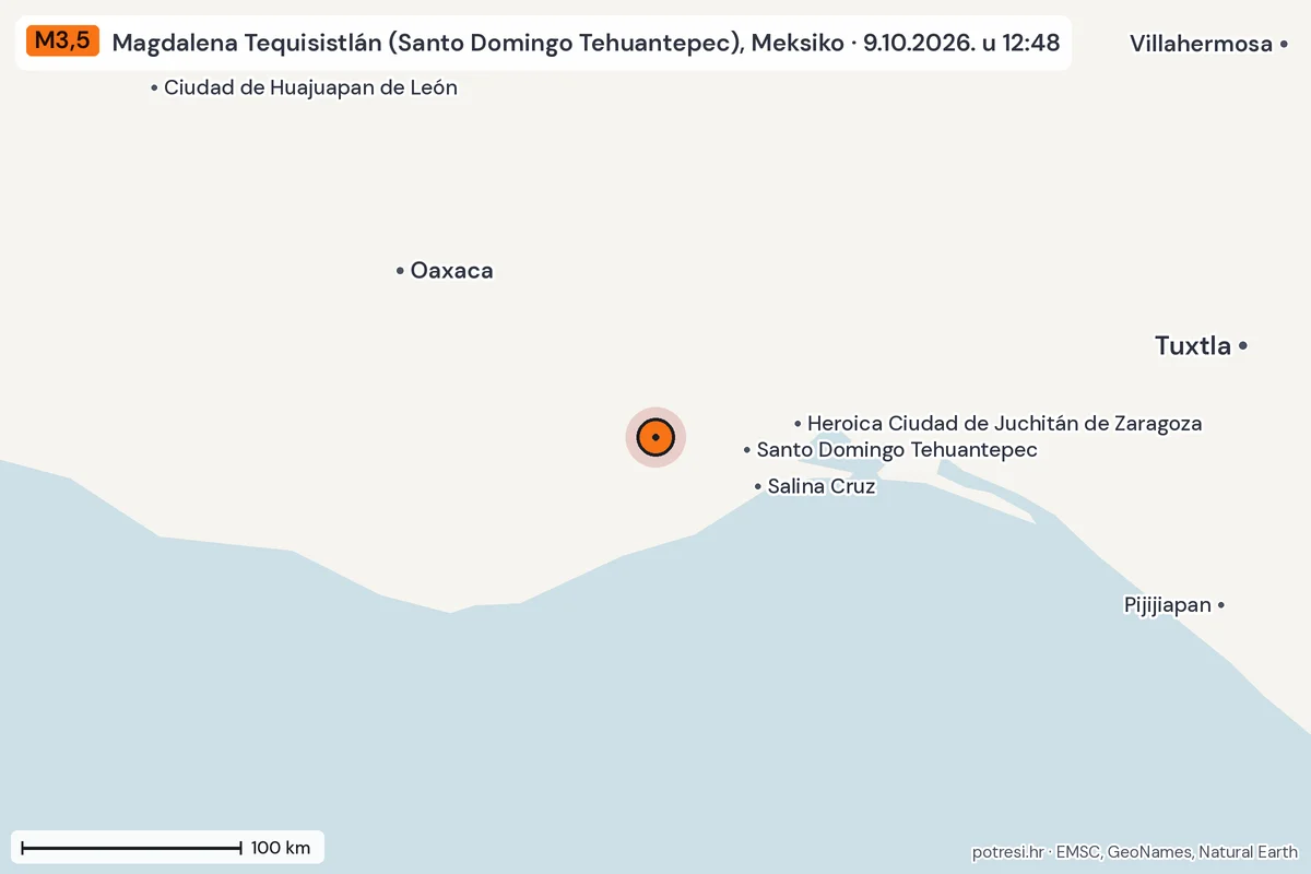 Karta: šire područje, 600 km, potres M3,5, Magdalena Tequisistlán (Santo Domingo Tehuantepec), Meksiko, 9.10.2026.