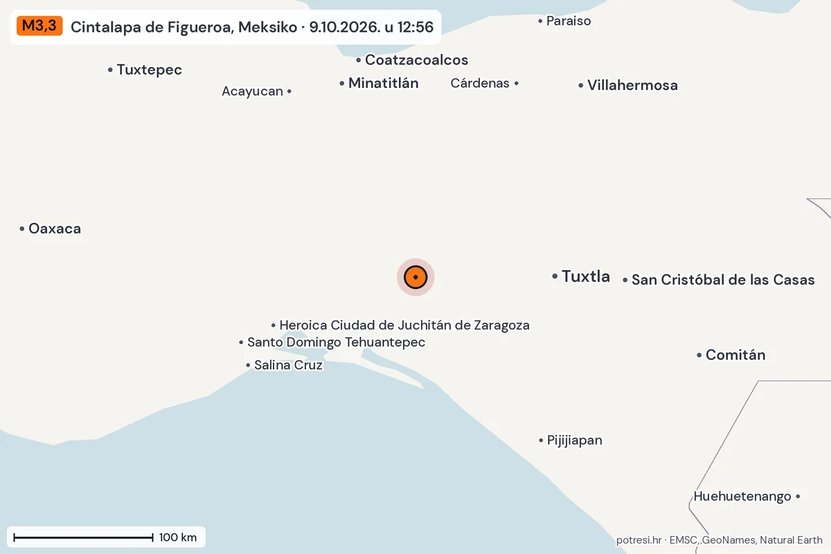 Karta: šire područje, 600 km, potres M3,3, Cintalapa de Figueroa, Meksiko, 9.10.2026.