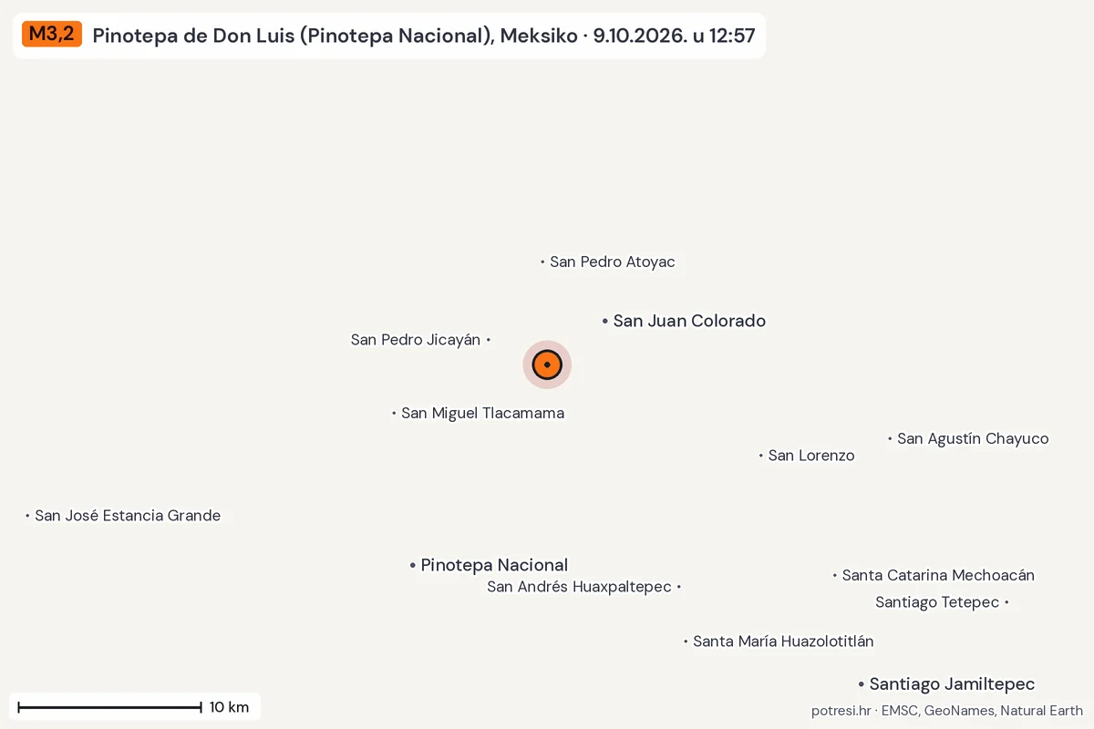 Karta: okolica epicentra, 60 km, potres M3,2, Pinotepa de Don Luis (Pinotepa Nacional), Meksiko, 9.10.2026.