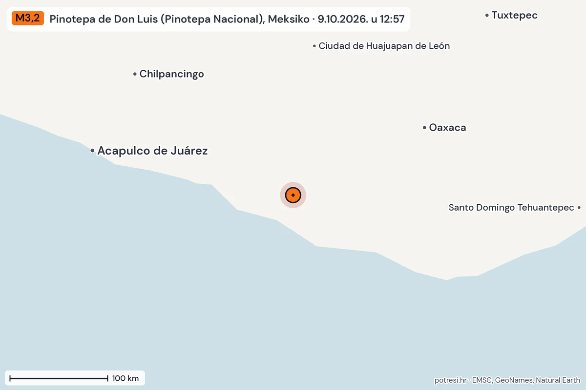Karta: šire područje, 600 km, potres M3,2, Pinotepa de Don Luis (Pinotepa Nacional), Meksiko, 9.10.2026.