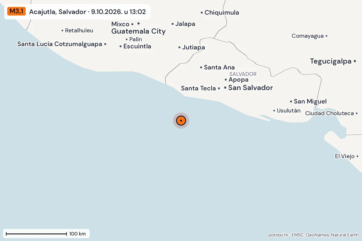 Karta: šire područje, 600 km, potres M3,1, Acajutla, Salvador, 9.10.2026.