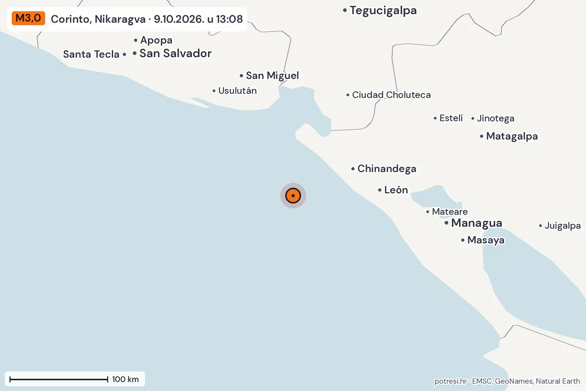 Karta: šire područje, 600 km, potres M3,0, Corinto, Nikaragva, 9.10.2026.