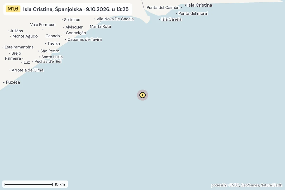 Karta: okolica epicentra, 60 km, potres M1,6, Isla Cristina, Španjolska, 9.10.2026.