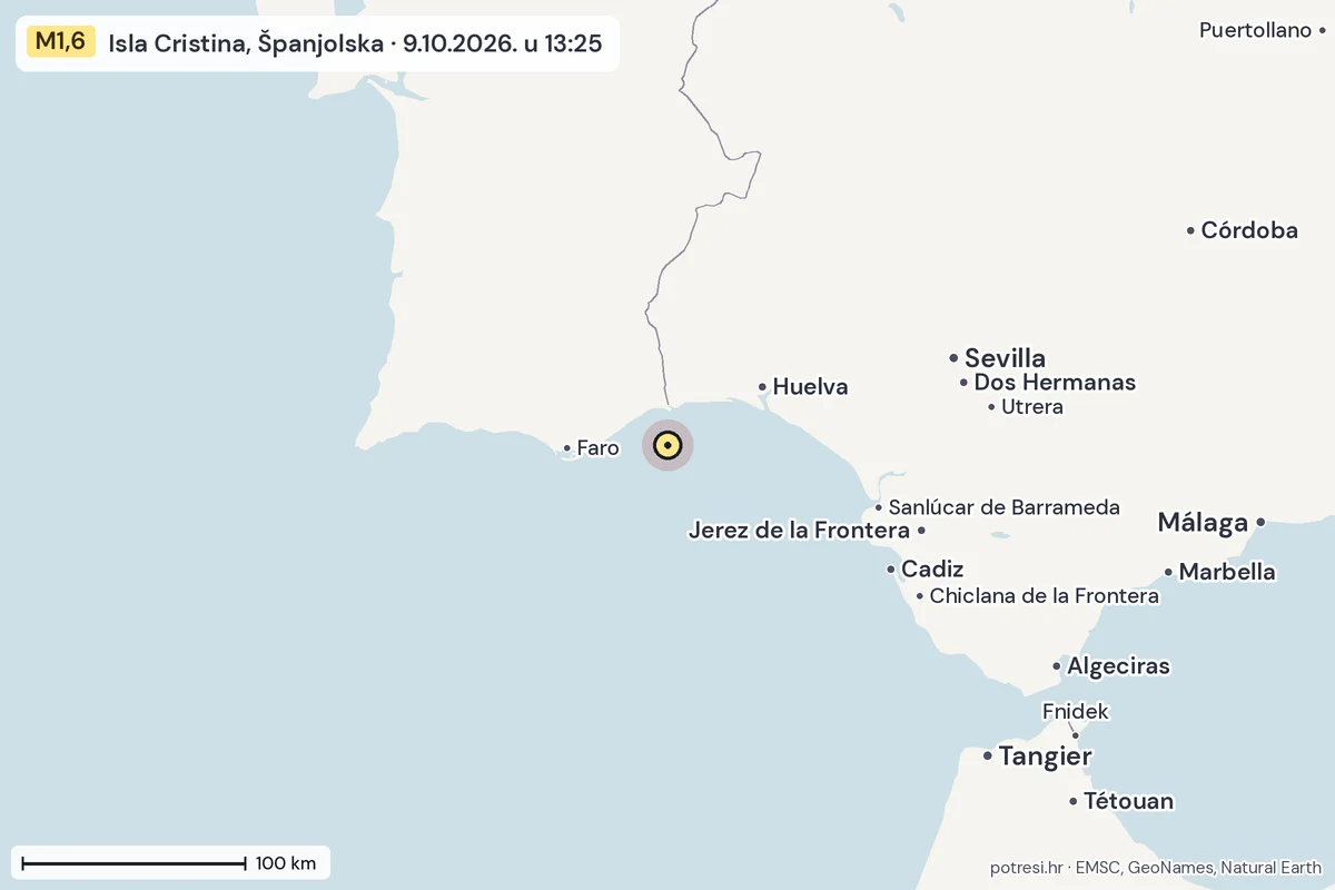 Karta: šire područje, 600 km, potres M1,6, Isla Cristina, Španjolska, 9.10.2026.