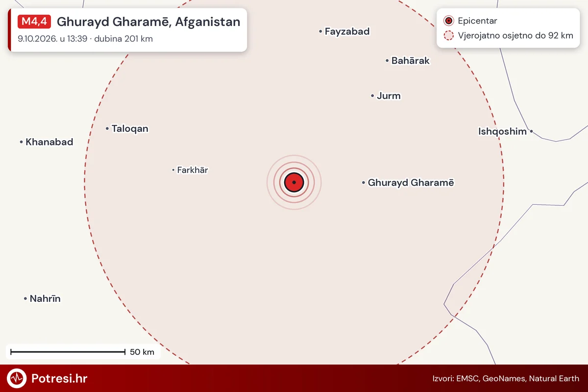 Karta: šire područje i vjerojatni doseg osjeta, potres M4,4, Ghurayd Gharamē, Afganistan, 9.10.2026.