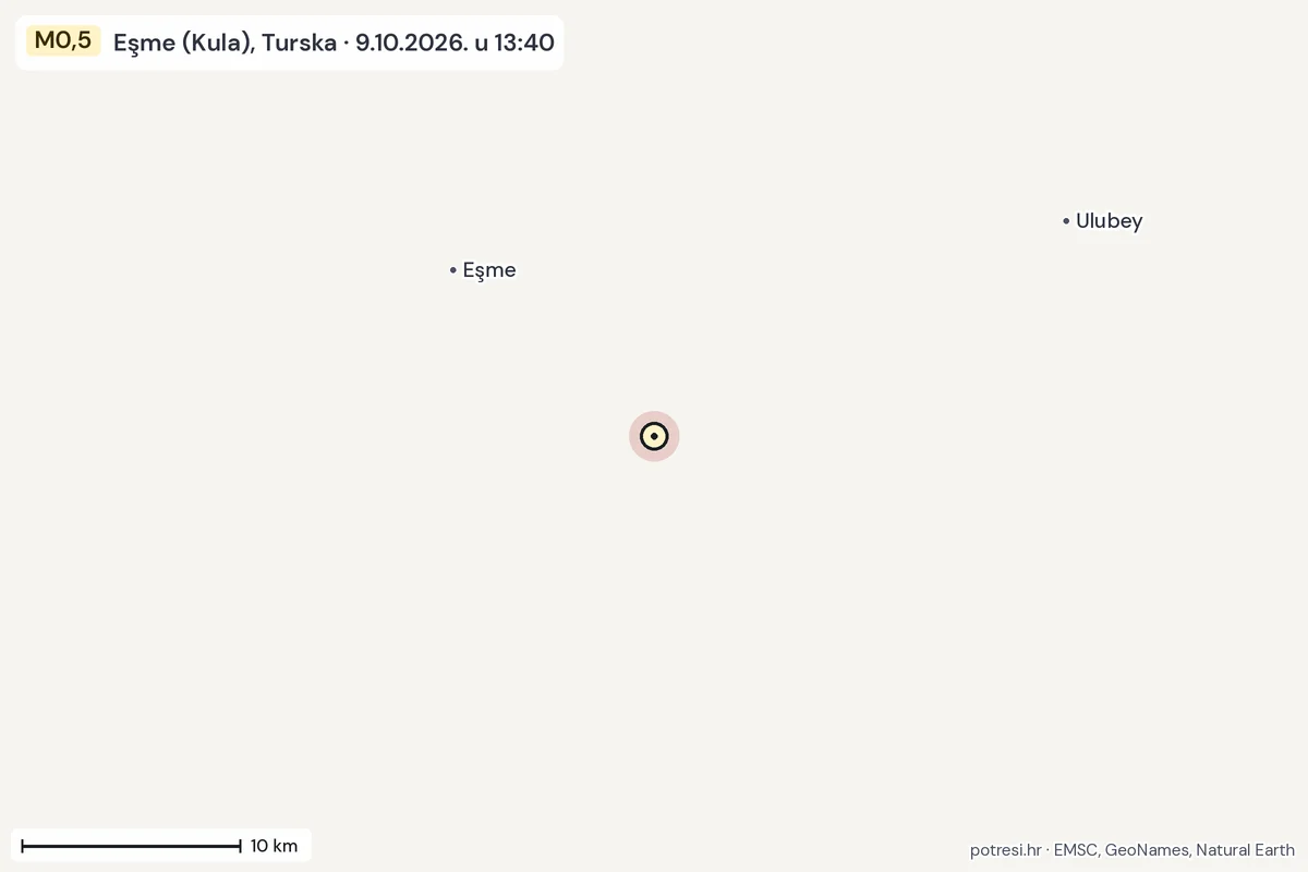 Karta: okolica epicentra, 60 km, potres M0,5, Eşme (Kula), Turska, 9.10.2026.