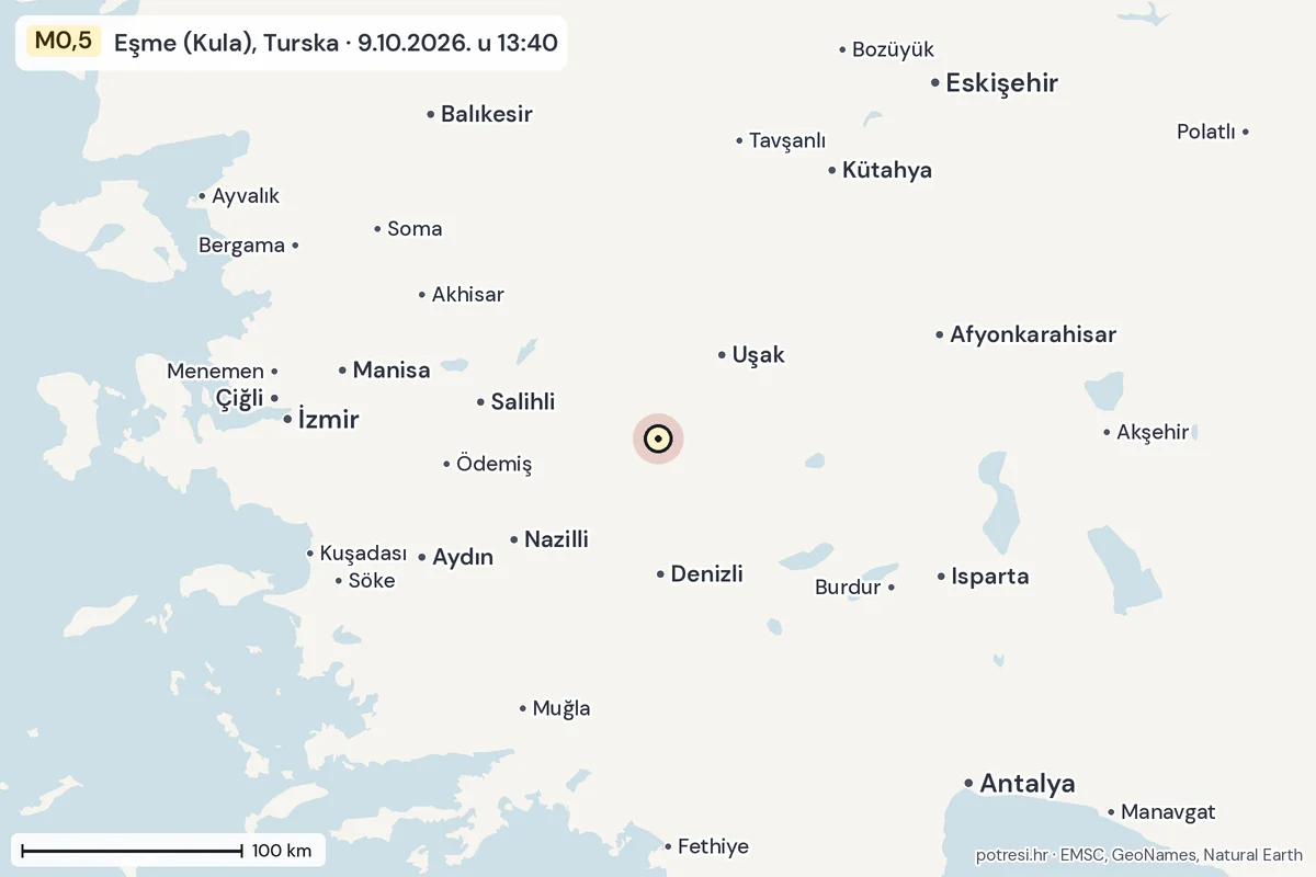 Karta: šire područje, 600 km, potres M0,5, Eşme (Kula), Turska, 9.10.2026.