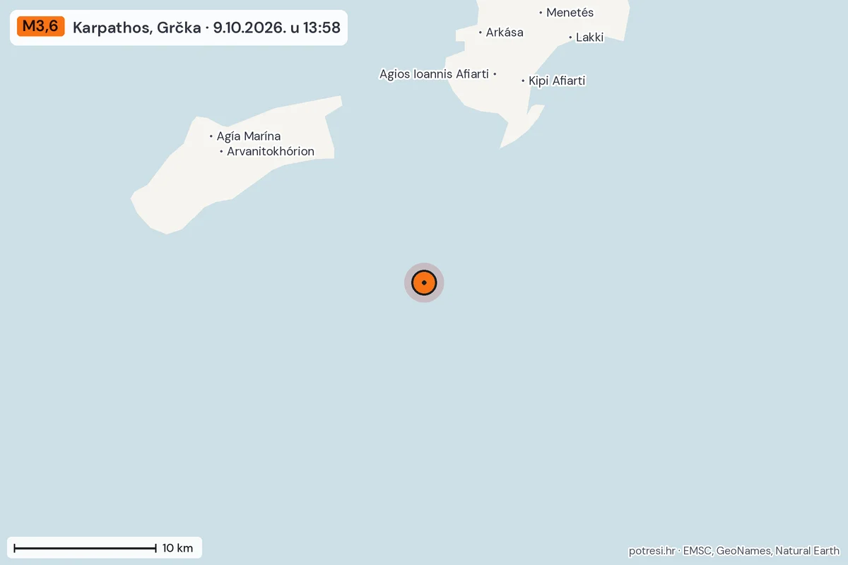 Karta: okolica epicentra, 60 km, potres M3,6, Karpathos, Grčka, 9.10.2026.