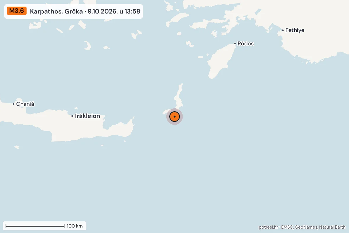 Karta: šire područje, 600 km, potres M3,6, Karpathos, Grčka, 9.10.2026.